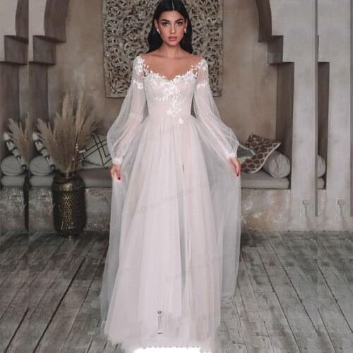 Wedding Dress 2021 Scoop A-Line Long Sleeve Floor Length Backless Floor Length Side Slit Lace Appliques Sexy Bridal Gown Elegant