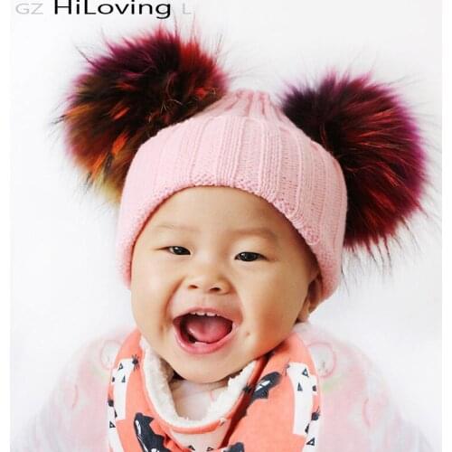 GZHilovingL INS Baby Girls Boys Autumn Winter Knitted Hats Real Multi Color Fur Ball For Kids Child Soft Acrylic Fur Pompom Hats