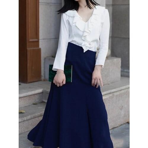 Women 95% Silk Satin Ruffle V Neckline Long Sleeve Blouse Shirt Top