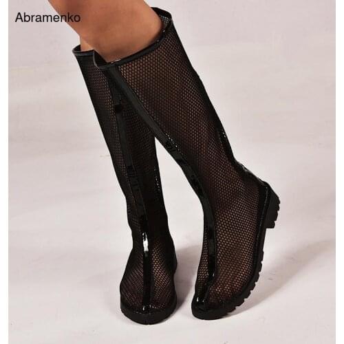 Breathable Mesh Over The Knee Long Summer Style Rome Retro Gladiator Sandals Shoes Flats Black Shoes For Women Plus Size 34-43