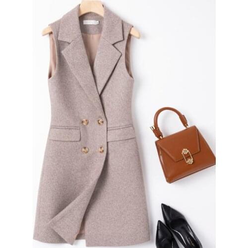 Autumn winter double breasted woolen vest women slim double breasted ol long sleeveless jacket