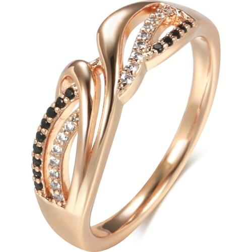 Kinel Hot 585 Rose Gold Wave Ring Natural Black Zircon Fine Hollow Flower Ethnic Wedding Rings for Women Vintage Jewelry