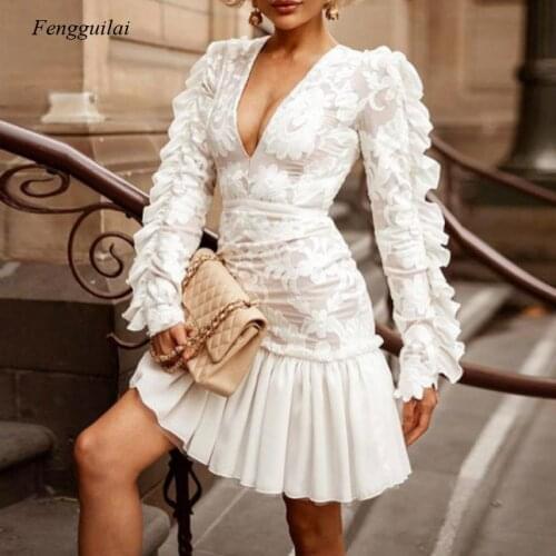 2021 Summer Sexy Womens Fashion Embroidery V-Neck Long-Sleeved White Dress Celebrity Casual Lace Ruffled Mini Dress