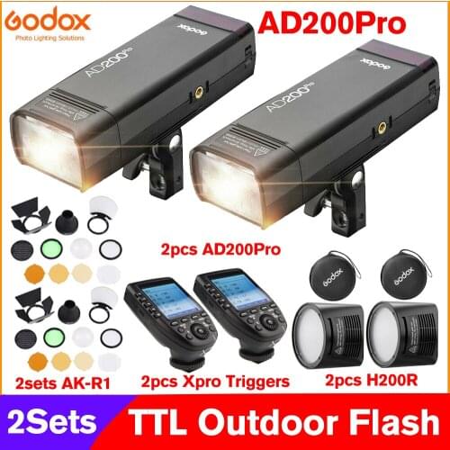 2sets Godox AD200Pro Outdoor Flash Light Kits 200Ws TTL 2.4G 1/8000 HSS 0.01-1.8s Recycling Speedlite with Battery Flash Strobe