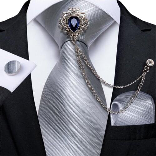 8cm Silk Men Tie Luxury Blue Crystal Brooch Chain Business Gray Striped Business Necktie Handkerchief Set Dropshipping DiBanGu