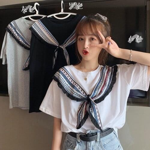 Ribbon Stitching White Short-Sleeved T-shirt Female College Style Summer 2021 New Korean Style Loose Student Top Ins Fashion