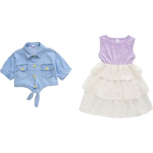 DFXD 2020 Summer New Arrival Toddler Girl Clothing Sets Fashion Kids Party Denim Jacket Sleeveless Layered Dress Princess Suit