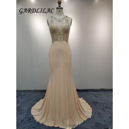 Illusion Beaded Champagne Long Evening Dresses Mermaid Prom Gown Vestido Longo Prom Dress 2018 Bridal Party Dress 069
