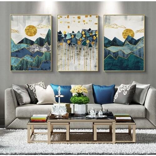Canvas Painting Abstract Gold Sun Green Hill Posters And Prints Wall Art Poster Wall Pictures For Living Room Nordic Home Decor