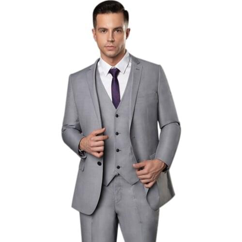 Grey Mens Suits 3 Pieces Jacket + Vest + Pants Wedding Party Groom Formal Tuxedos Men Suit 2020
