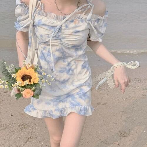 Summer Strap Mini Dress For Women 2021 Short Sleeve Tie Dye Printed Sundress Beach Casual Midi Dresses Lacing Sexy Vestidos