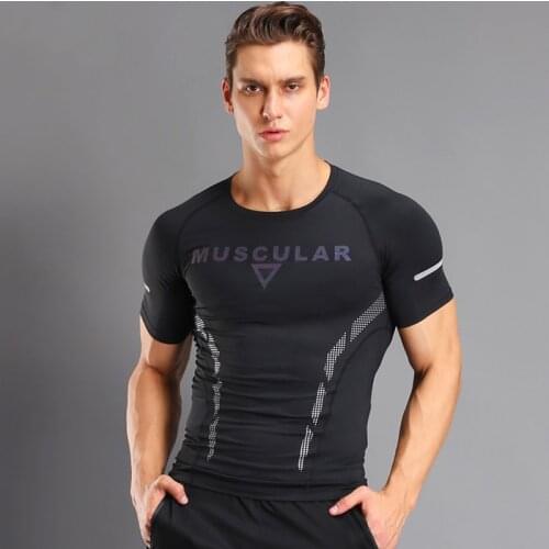 Mens Quick Dry Compression Sports Shirt Gym Short t shirt Gym Fitness Workout Tee Shirts Skinny T-Shirt Male Fitness Tops Sport