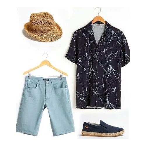 Dark Navy Blue Slim Fit Resort Collar Short Sleeve Patterned Viscose Marble Printed Men Shirt Spring / Summer Casual Beach Style