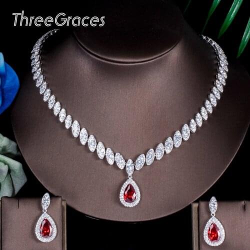 ThreeGraces Famous Brand African Design Bridal Accessories Red Cubic Zirconia Beads Jewelry Sets For Wedding Costume JS002