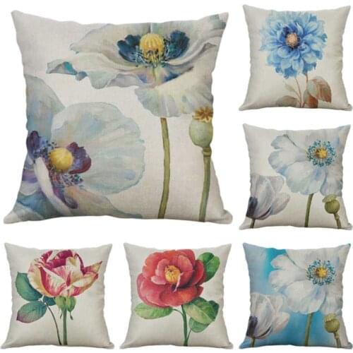 Printed Blue Beautiful flower Pillow Cases 18" Home Cover Cushion Linen Cotton Sofa Decor
