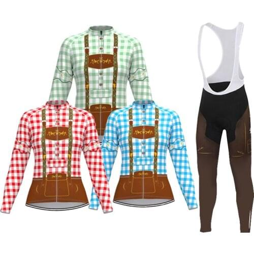 New Cycling Jersey Ladies Long Sleeves Set Fleece Winter Warm & No Fleece Brown Bib Pants Red/Blue/Green Plaid Cycling Clothing