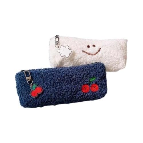 Smile Embroidered Lamb Plush Pencil Bag Cute Korean Soft Case School Office Stationery Supplies Kawaii Gift For Children