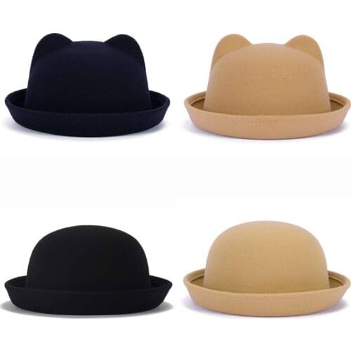 New Parent-Child Bowler Hat Wool Felt Fedora Hats For Women Girls Children Solid Cat Ear Formal Cap Trilby Sombrero Derby