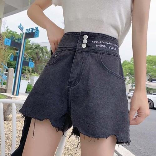 Trendy New Summer Women Button Wide Leg Blue Denim Shorts Streetwear High Waist Embroidery Letter Print Hole Jeans Shorts