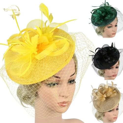 Women Girl Sinamay Feather Fascinators Pillbox Flower Derby Hat Cocktail Wedding Church Tea Party Hat Headband Clip Yellow Green