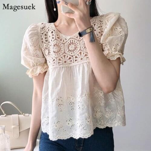 Korean Chic Lace Embroidery Shirt Women Summer 2021 Hollow Crochet Floral Short Sleeve Blouses Women Elegant Tops Blusas 14726