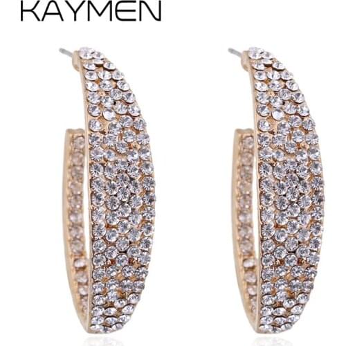 KAYMEN New Fashion Zinc-Alloy Golden Full Rhinestones C-Shape Statement Earrings For Women Stud Earrings Jewelry EA-03174