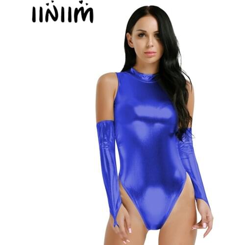 Women Shiny Leotard Lingerie PU Leather Swimsuit Sexy Thong Teddy Bodysuit Clubwear Sleeveless Monokini Swimwear Catsuit Costume