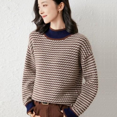 2021 woman winter 100% Cashmere sweaters knitted Pullovers jumper Warm Female O-neck blouse striped long sleeve clothing