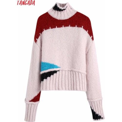 Tangada 2021 Chic Women Patchwork Turtleneck Sweater Vintage Ladies Short Style Warm Knitted Jumper Tops BE150