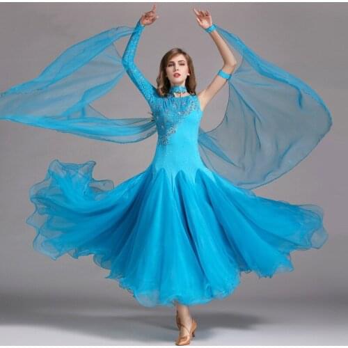 Adult Women Ballroom Dress Lady Flamenco Latin Tango Dancing Big Swing Skirt Yarn Mesh Diamond Party Costumes Dancewear For Girl