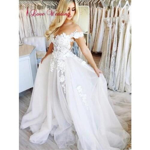 Vestido de Novia See Through Off the Shoulder Wedding Dresses Cap Sleeve Custom made Ball Gown Court Train Lace Bridal Gowns