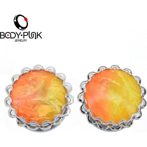 BODY PUNK High Quality Orange Yellow Color Glass Piece Lace Ear Plugs Flesh Tunnel Women Body Jewelry 6-20mm Ear Expander