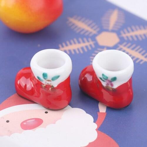 1pair Pocket Ceramic Red Boots, Shoes, Mini Decoration, 1/6 1/12 Dollhouse DIY Toys, Christmas Presents For Children