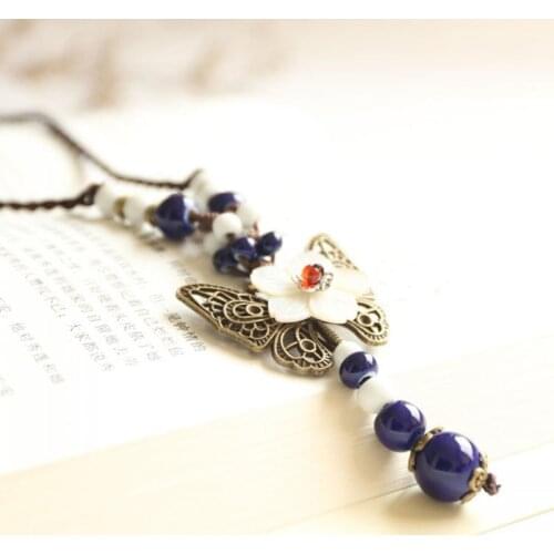 12 Pieces/Lot Butterfly Shell Flower Necklaces Ceramic Beads Tassel Pendant Necklace For Women Charm Choker Bohemian Jewelry
