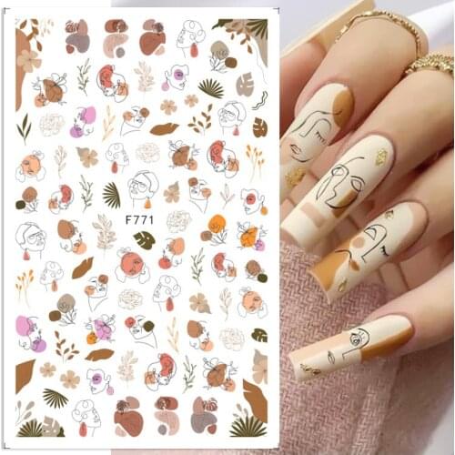 3D Nail Stickers Women Face Sketch Abstract Image Sexy Girl Leaf Wavy Line Art Sliders Decor Manicure Stickers for Nails NLF771