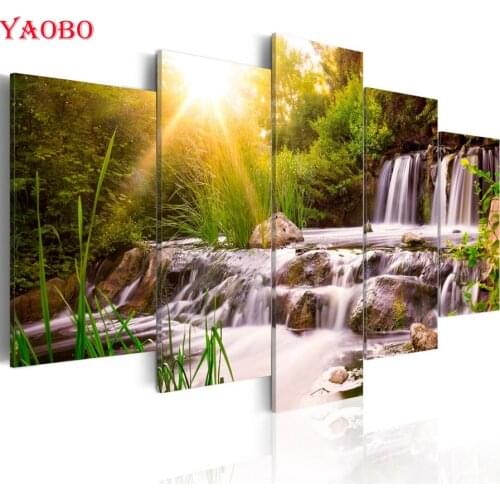 5d diy diamond painting nature scenery waterfall cross stitch 5 pcs diamond embroidery full square round diamond mosaic decor