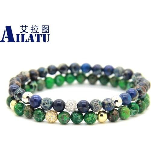 Ailatu New Design High Grade Jewelry Wholesale 6mm Blue & Green Sea Sediment Stone Beads Micro Pave CZ Beads Bracelet