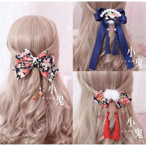 Retro Kimono Bathrobe blue Bow Headwear Accessories Lolita Cosplay Tassels Bowknot Side Clip Hairpin Hair hoop B558