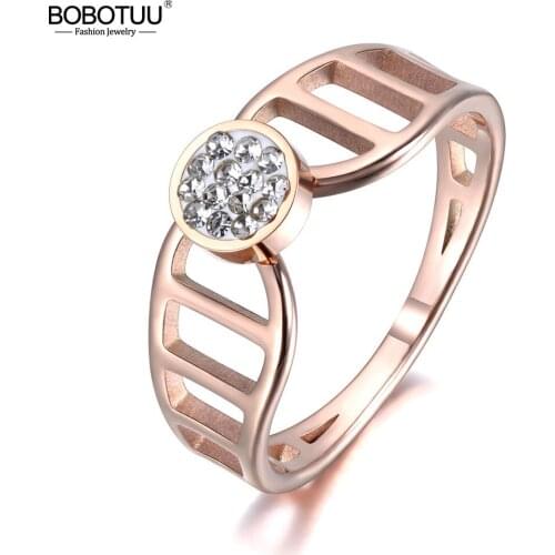 BOBOTUU Fashion Rose Gold Color Anniversary Rings Jewelry Stainless Steel Rhinestone Crystal Ring For Women Girl Anneau BR19007