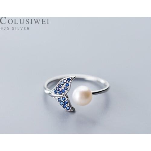 Colusiwei Cute Mermaid Tail Finger Rings for Women Authentic 925 Sterling Silver Fashion Blue Crystal Ring Korean Pearl Jewelry