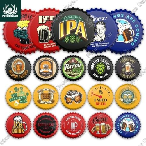 Putuo Decor Beer Brand Bottle Cap Decor Metal Sign Plaque Metal Vintage Tin Sign Decoration for Man Cave Pub Bar Club Wall Decor