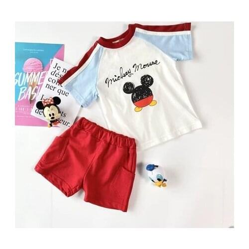 Disney Childrens mickey mouse cotton tops and shorts 2021 summer cartoon print childrens T-shirt shorts Short sleeve set