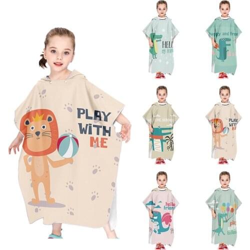 Children Hooded Beach Towel Microfiber Lion Printed Quick Dry Beach Bathrobe Unisex Outdoor Traveling Sport Swimming Bath Towel