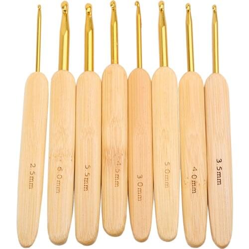 Nonvor Bamboo Crochet Hooks 8Pcs/Set Ergonomic Carbonized Wood Handle Golden Color Aluminum Hook for DIY Knitting Weaving