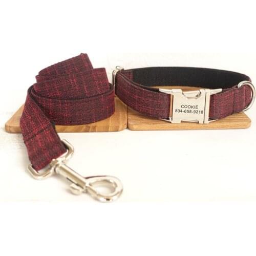 Personalized Pet Collar Customized Nameplate ID Tag Adjustable Linen Fiber Red Suit Cat Dog Collars Lead Leash Set