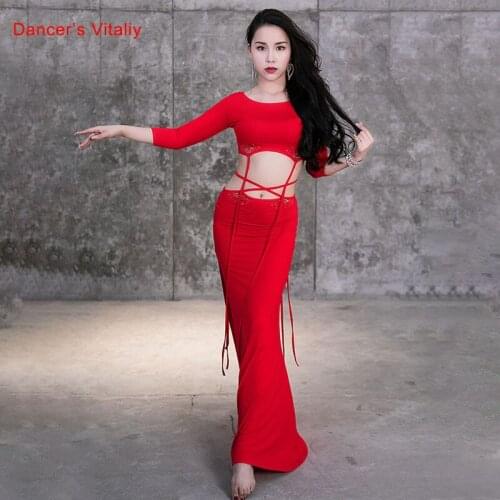 Belly Dance Suit Modal Top Long Sleeve Split Skirt Performance Clothes Female Adult Elegant Bandage Set Competition Clothing