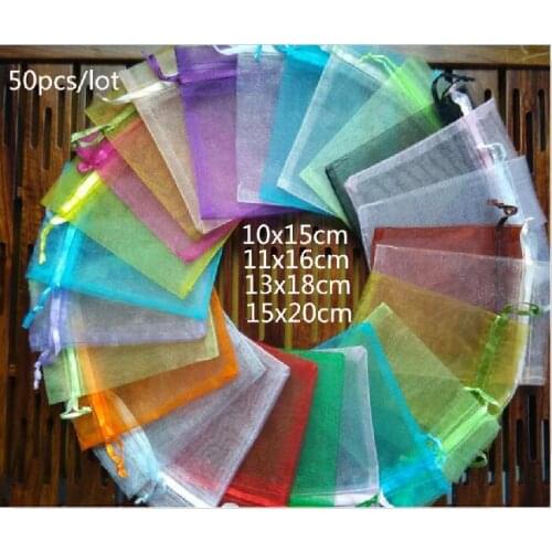 New 50pcs Jewelry bags 10x15 11x16 13x18 15x20cm Wedding Christmas Gift Organza bag Jewelry Packaging Display & Jewelry Pouches