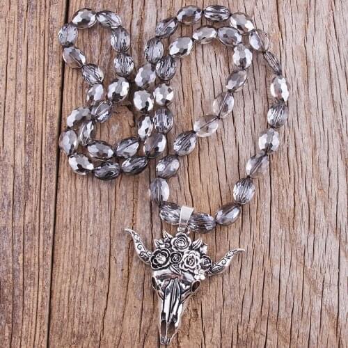 MD Fashion Bohemian Jewelry Accessory Glass Crystal Long Knotted With Metal Horn Pendant Necklaces For Women Gift Dropship