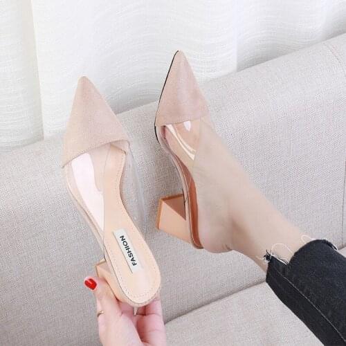 New Summer Slippers Women Shoes Woman Mules Transparent Fashion Pointed Toe Flock Square High Heels Slides Sexy Ladies Shoes