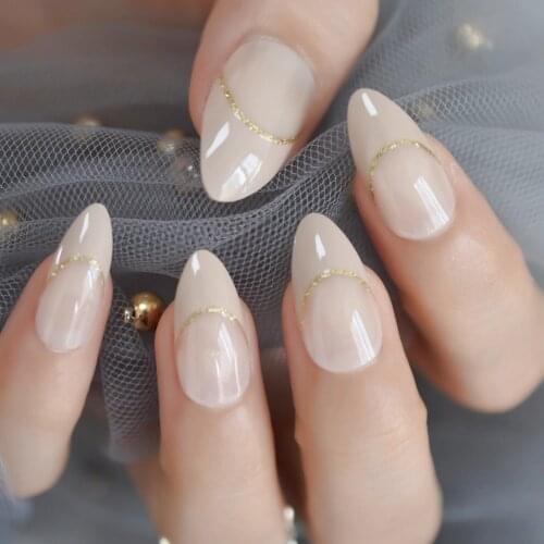 Nude French Stiletto False Nails Designs Medium Long Natural Almond Fake Nail Manicure Artificial Nails Tips Free Glue Sticker